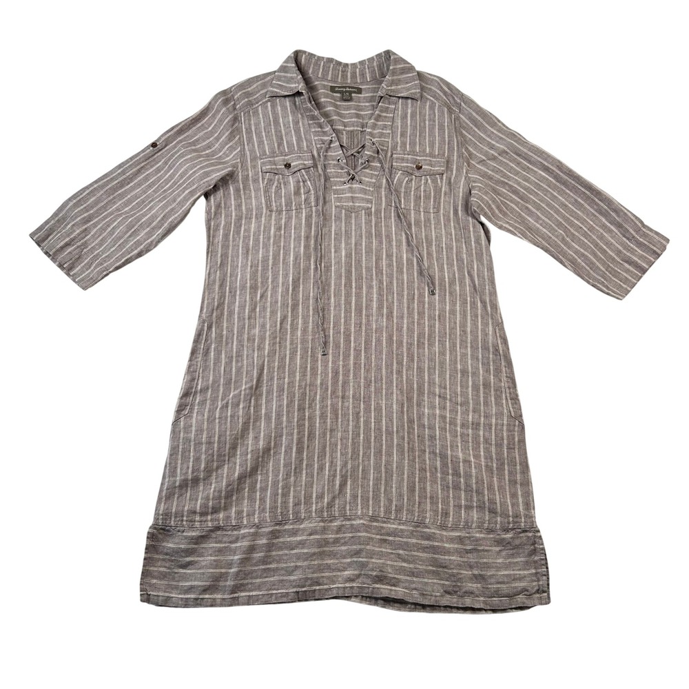 Tommy Bahama Dress Womens L Brown White Striped 100% Linen Lace Up Tunic
